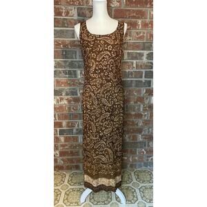 VTG Earth-toned Paisley Shift Maxi Dress Size 12 90s Boho Forest Bark Brown